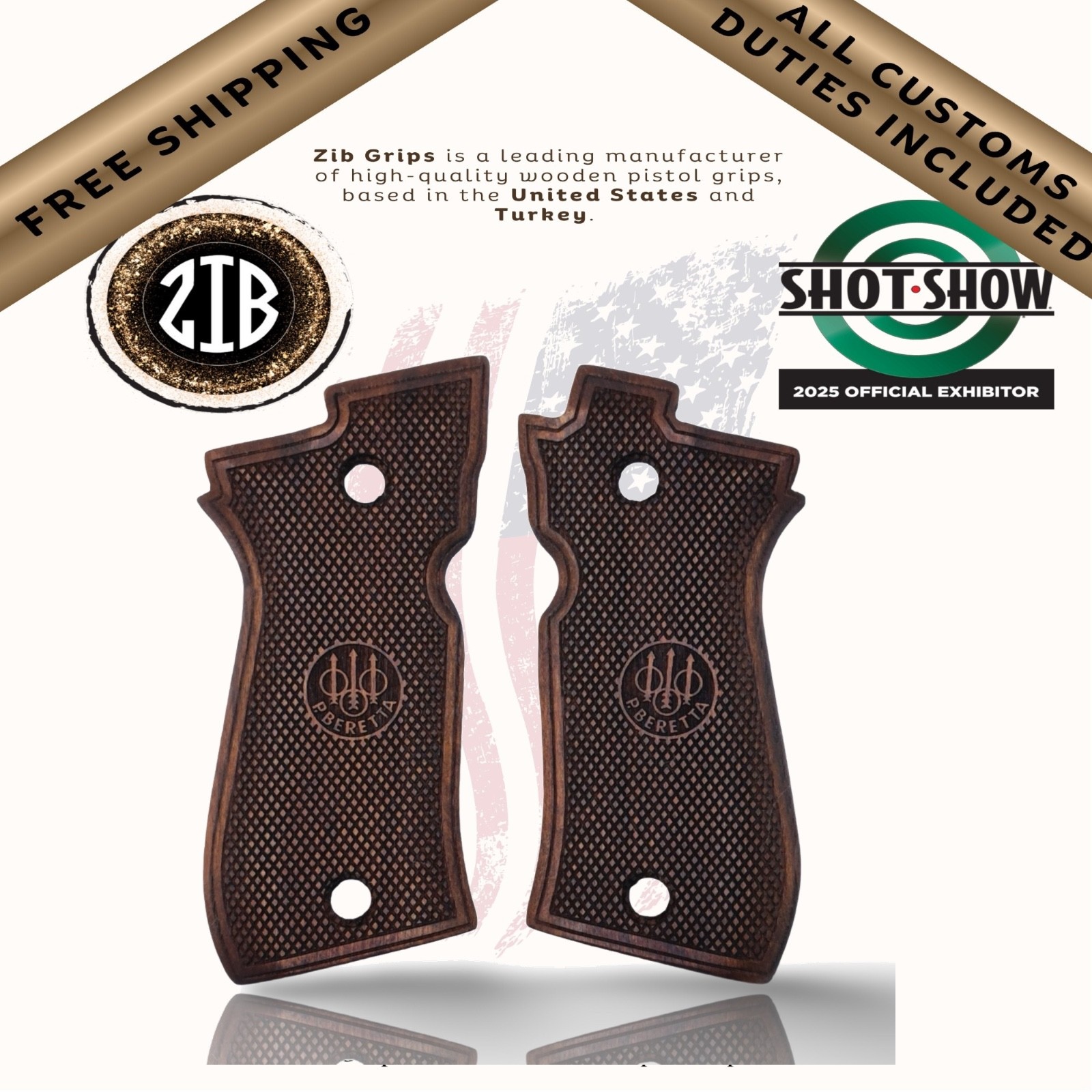 ZIB GRIPS Fits Beretta® 81F, 81 FS, 84F, 84FS, 81BB, 84BB, Fatih 13 Nonslip Pate