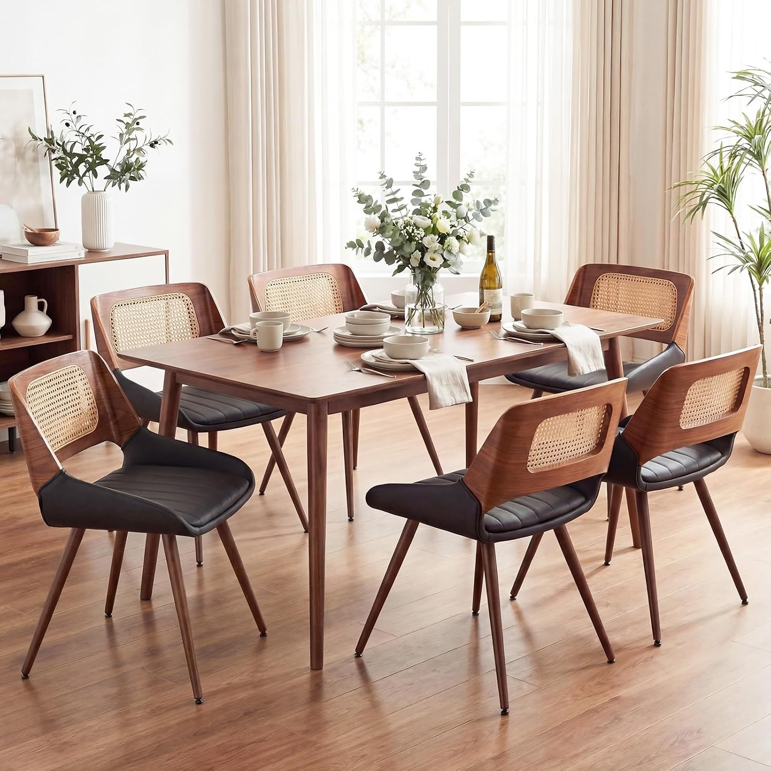 Mid Century Modern Black Walnut Dining Chairs Set of 6 Rattan Wood PU Leather