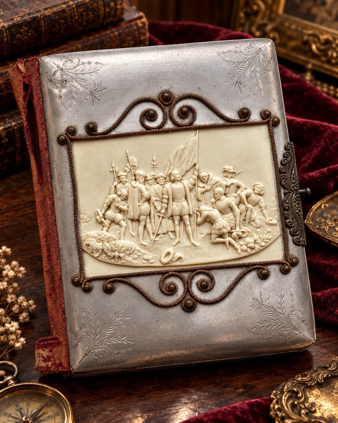 Rare Antique 1892 Columbian Exposition Tin Columbus Bas Relief Photo Album Cover