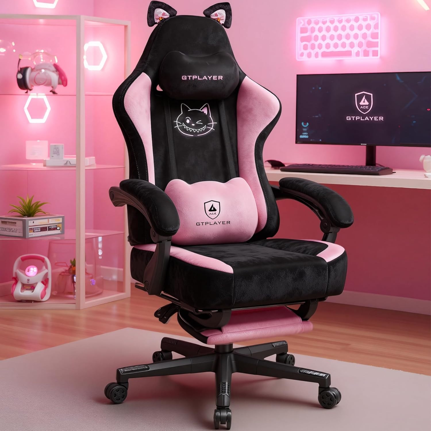 GTPLAYER Pink Gaming Chair Cute with Cat Ears Ergonomic Computer Chair with Cat