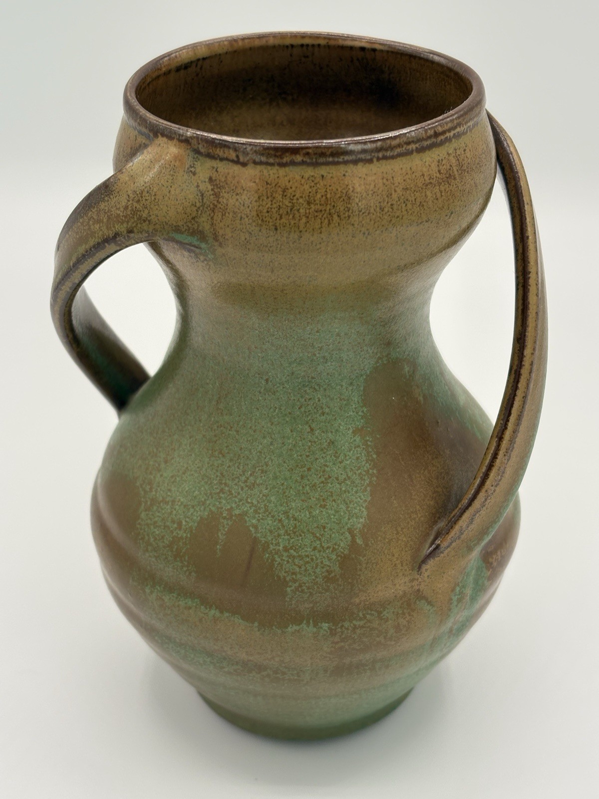 Vintage Arthur Ray Cole NC Pottery 6” Swirl Handle Vase Green Brown Art Pottery
