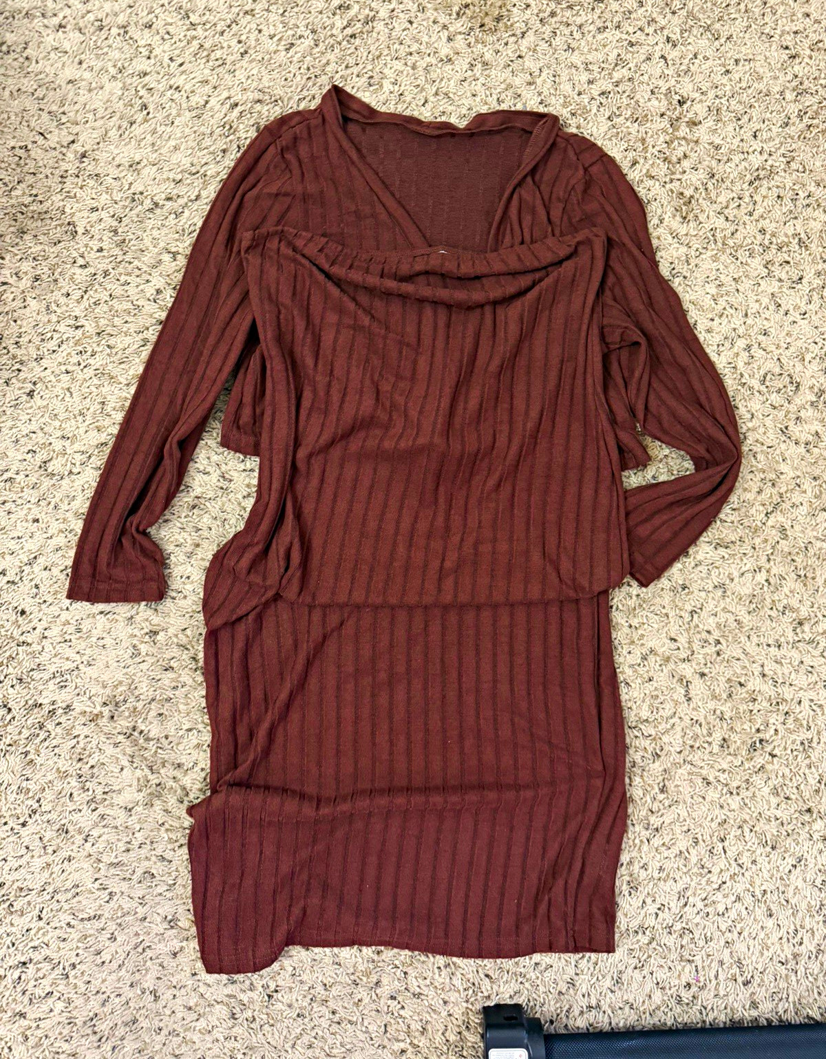 SHEIN Curve Brown Ribbed Knit Cowl Neck Long Sleeve Top Stretch 2XL