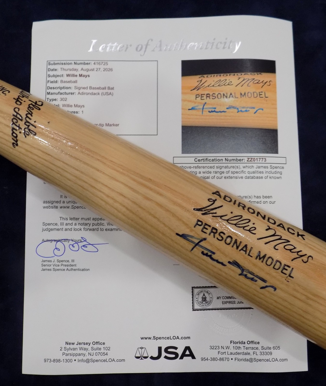 JSA 💎WILLIE MAYS HOF Signed Autograph Adirondack Person Model Baseball Bat #302