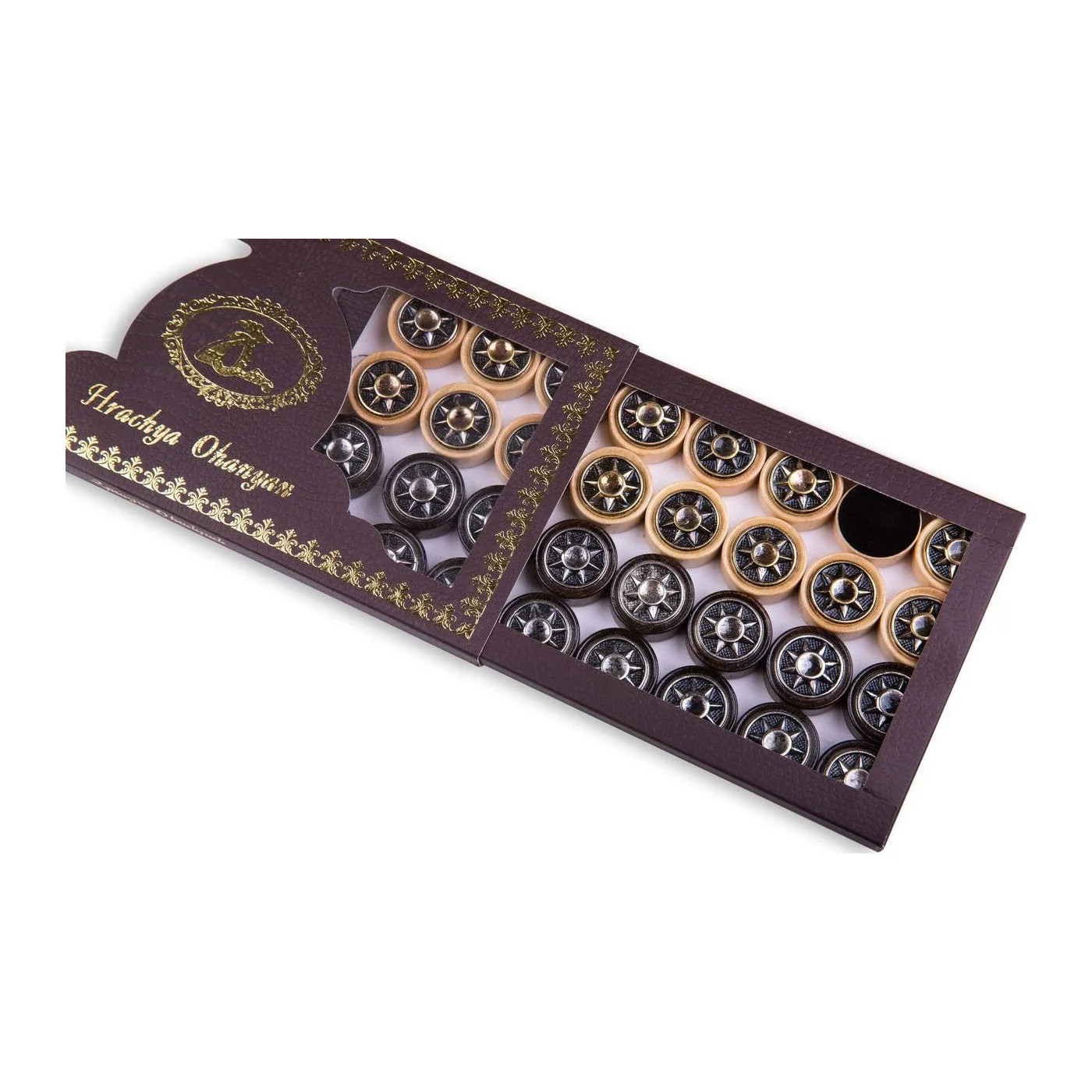 Backgammon Checkers Wood & Metal Set of 32 Octagram Round Center 1.2\