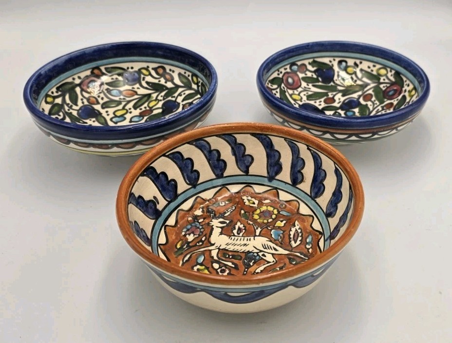 3 Handmade Armenian Hebron Jerusalem Dipping Bowls Olive Branch Gazelle