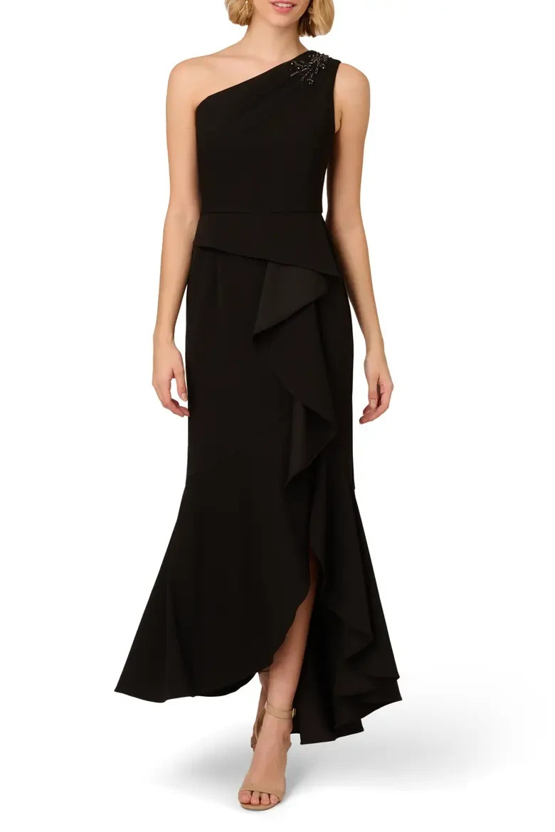 Papell Studio Black Beaded One-Shoulder Crepe Gown Size 10 $169