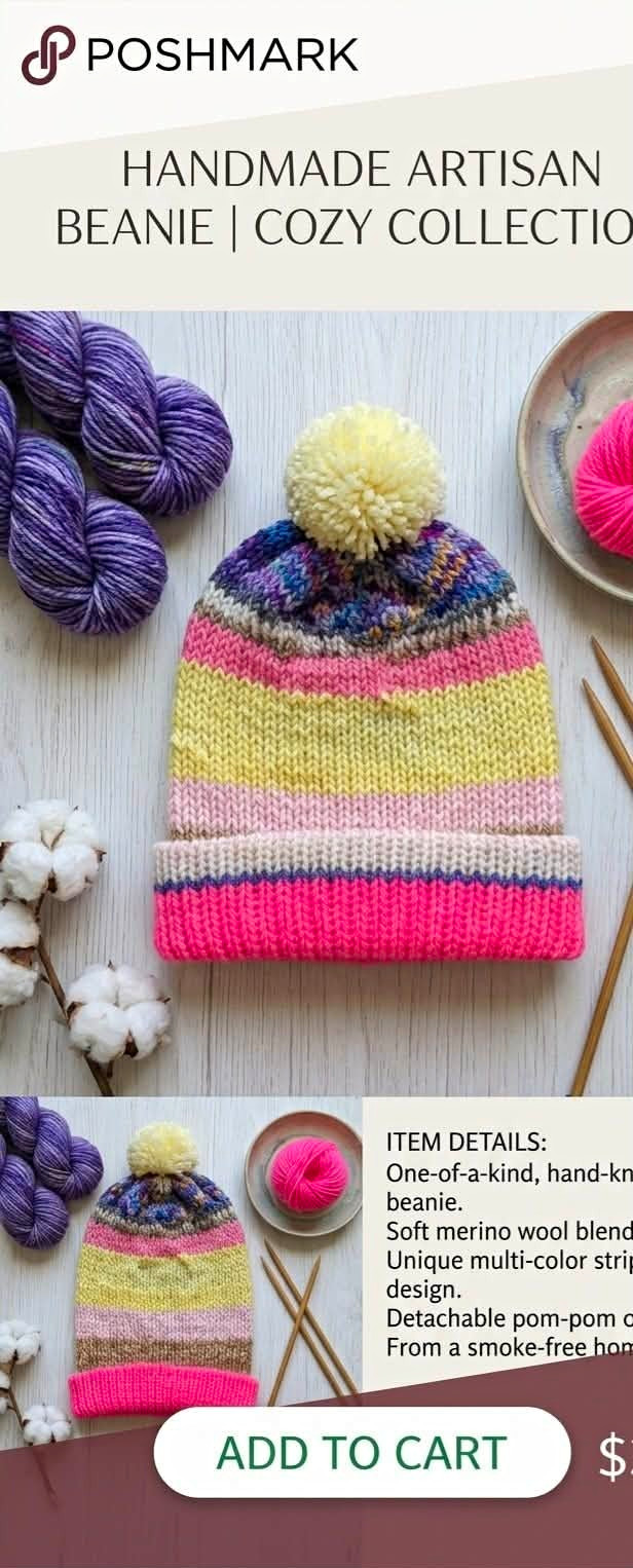 Handmade Women\'s Merino Wool Blend Knit Beanie One Size Striped Multicolor Pom Handmade Women\'s Merino Wool Blend Knit Beanie One Size Striped Multicolor Pom