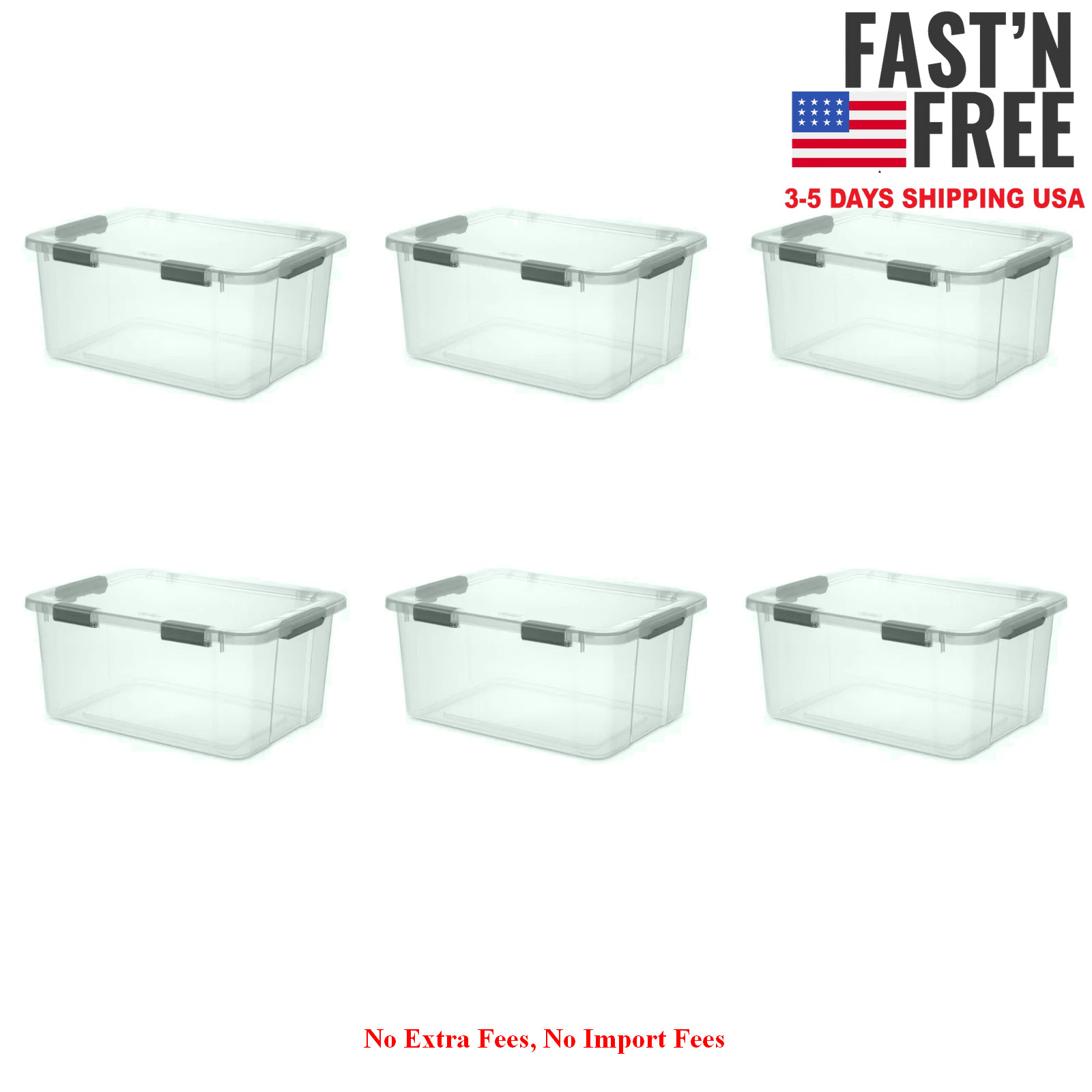 Sterilite 60 Qt HingeLID Clear Storage Bin, Latch Lid and Comfort Grip, 6 Pack