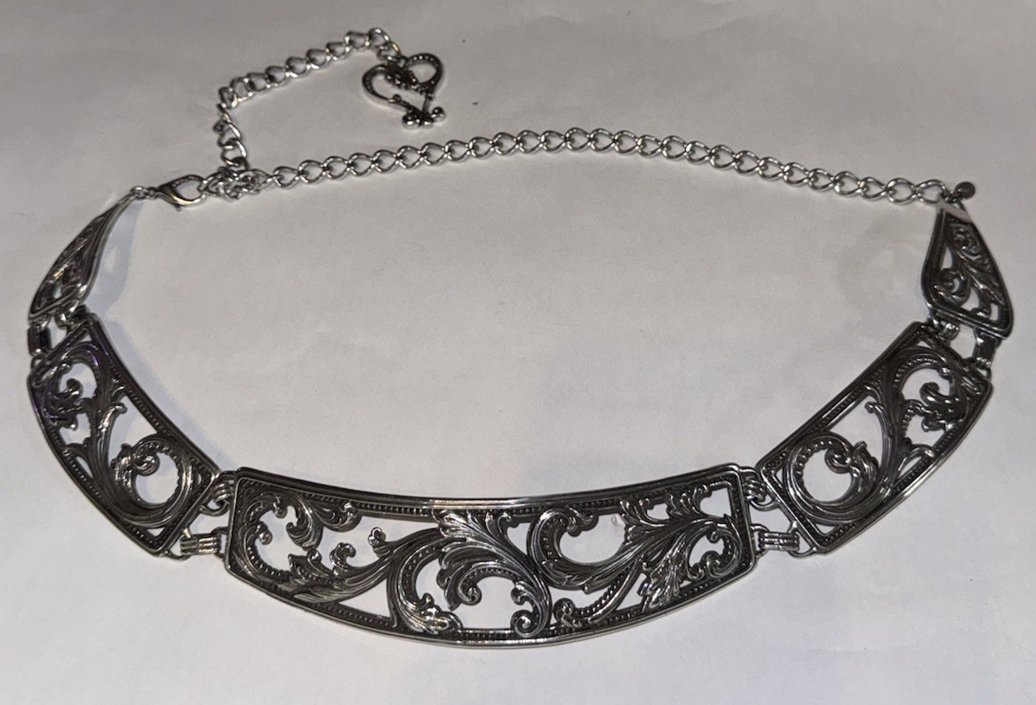 Vintage Brighton Filagree Chain Scroll Heart Belt Adjustable, Crecent Drape Slvr