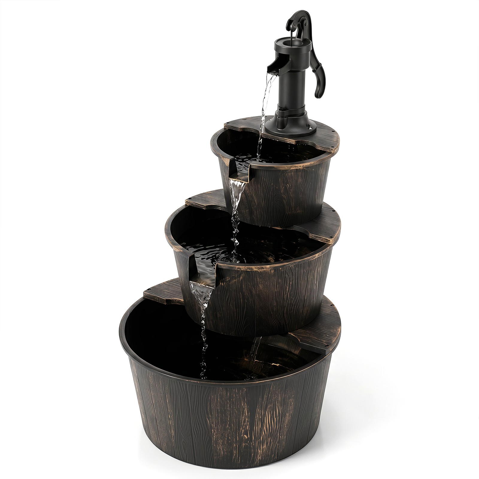 3-Tier Outdoor Barrel Waterfall Fountain w/Cascading Water Flow & Electric Pump