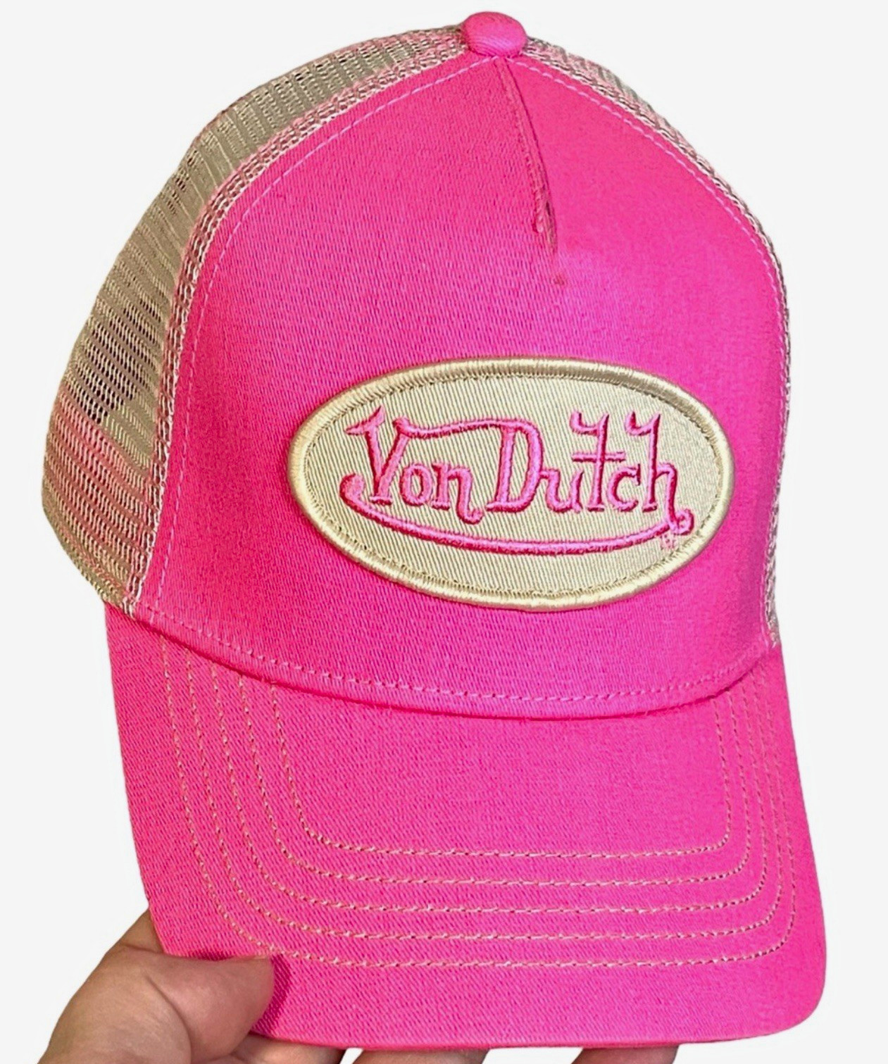 Von Dutch Pink/Beige Mesh Back Trucker Hat Logo Embroidered Adjustable One Size