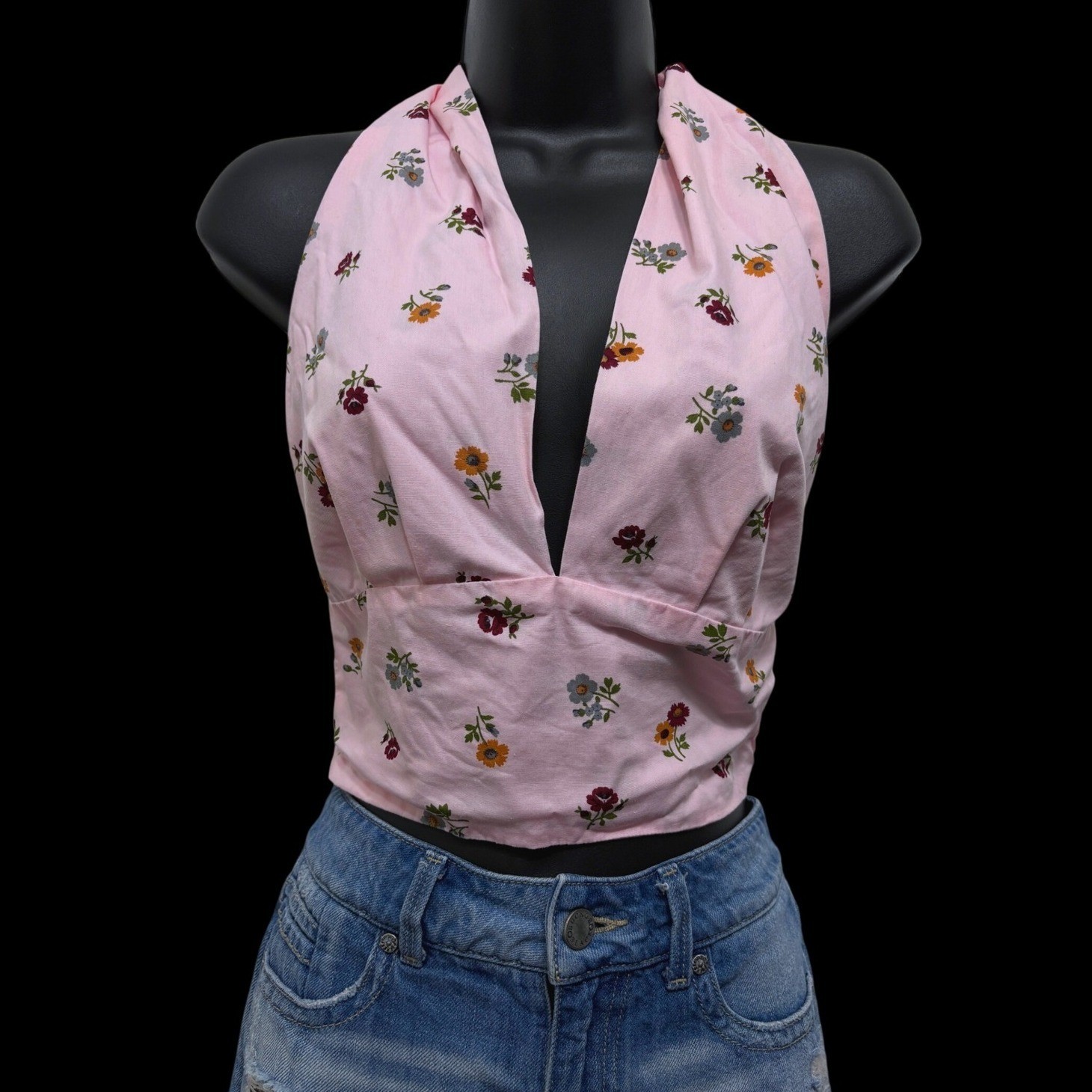 Vtg 70s L\'Excluse Halter Top Womens M Pink Floral Hippie Tie Back Cottagecore