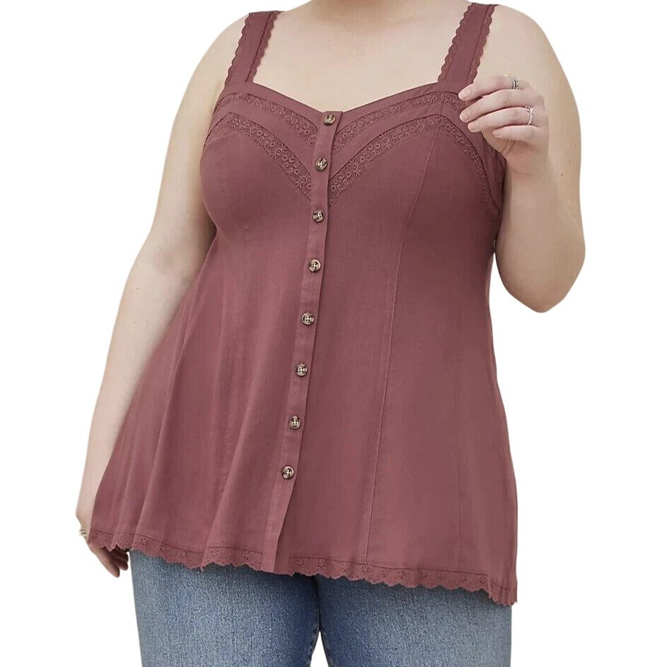 NWT Torrid Women\'s 1X 14-16 Pink Rayon Lace Trim Button Front Cami Top