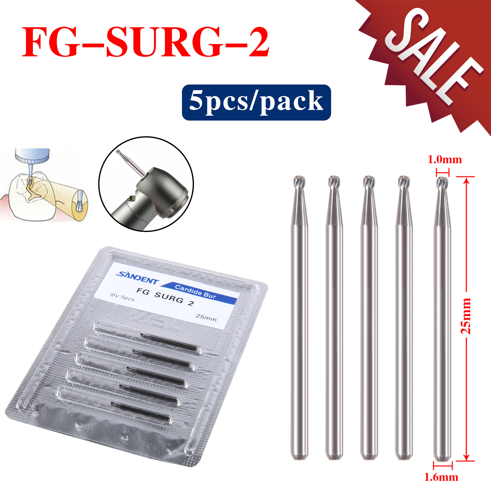 100Pcs Dental Surgical Diamond Burs Ball Round For High Speed Handpiece FG 1.6mm
