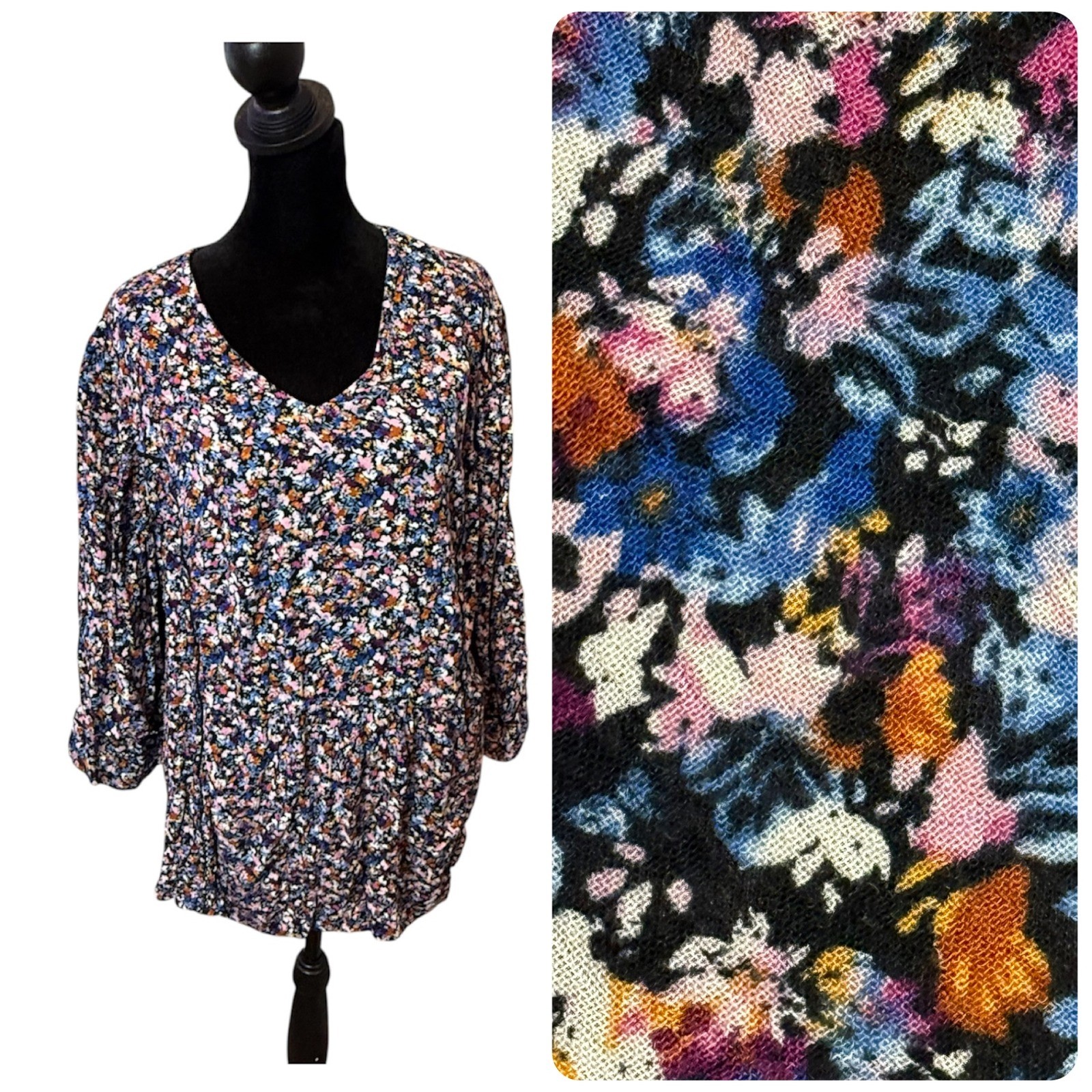 J. Jill Ditsy Floral Print 3/4 Sleeve Blouse Women\'s XL Cottage Crochet Casual