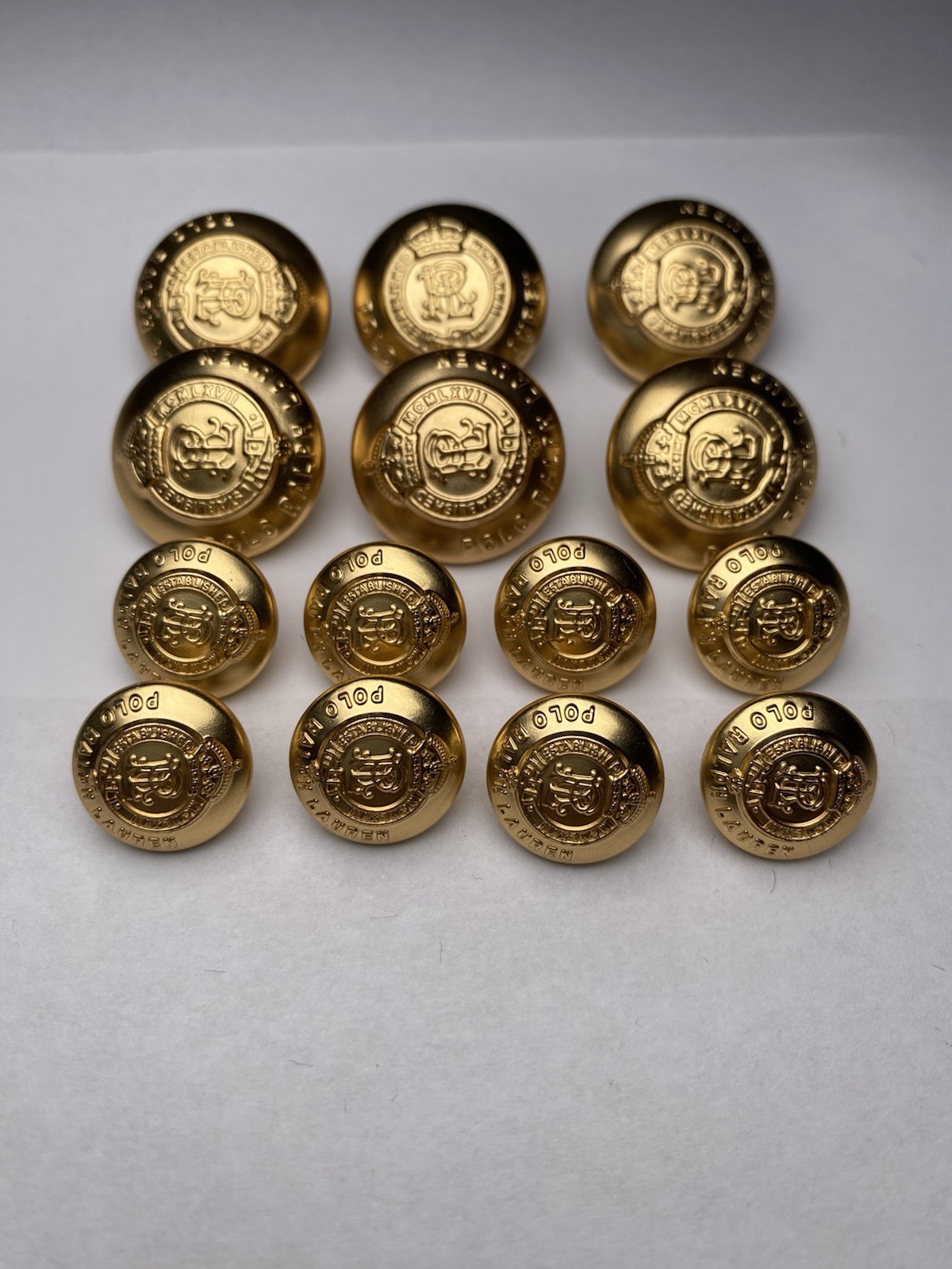VTG Crown Polo Ralph Lauren PRL Gold Brass LOT Set 15mm, 20mm Blazer Buttons EUC
