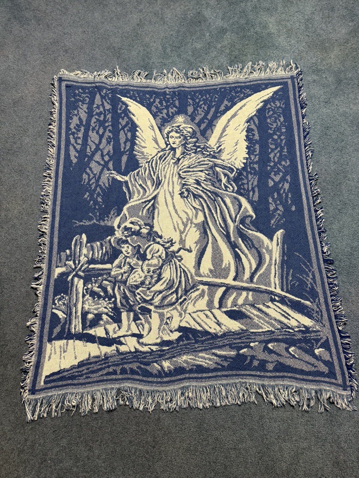 Vintage Angel Guardian Woven Throw Blanket Reversible Tapestry Fringe Blue White Vintage Angel Guardian Woven Throw Blanket Reversible Tapestry Fringe Blue White