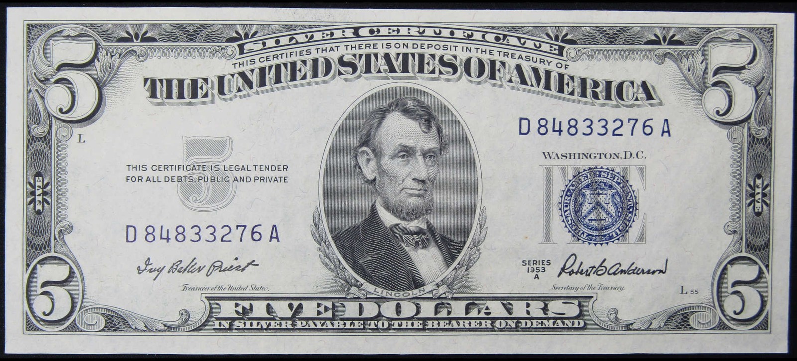 1953 A $5 Small Size Silver Certificate Note CCU Crisp Uncirculated