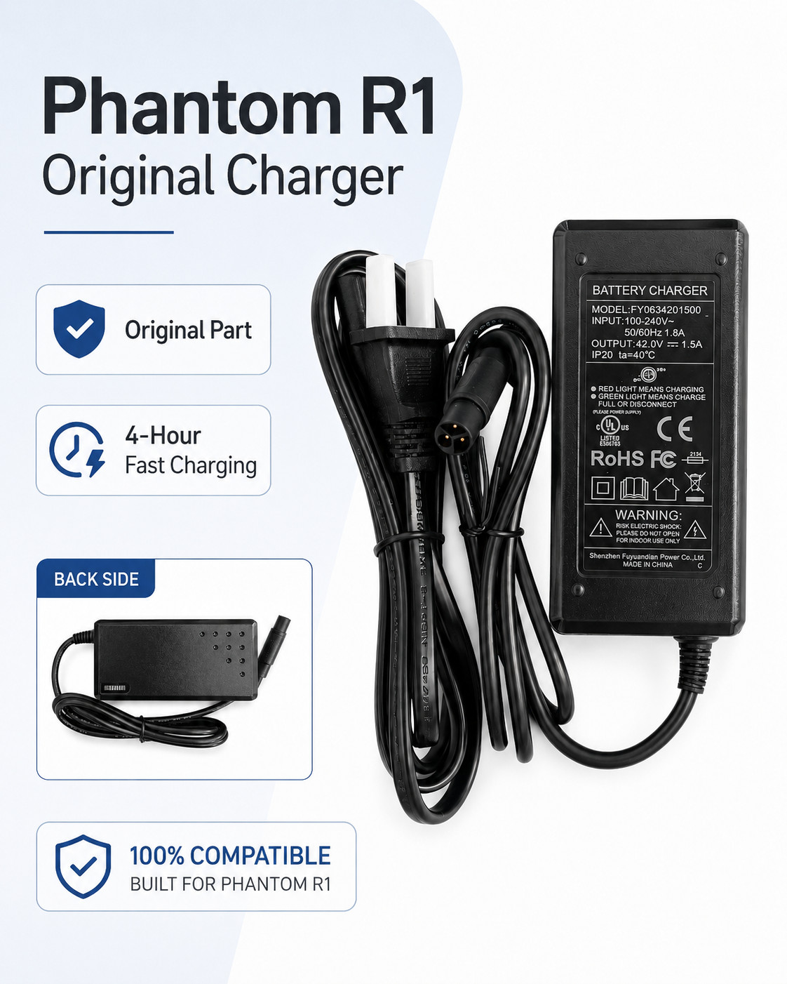 Factory Original 3-Pin Special Charger For Phantom R1/Pro Seated Scooter