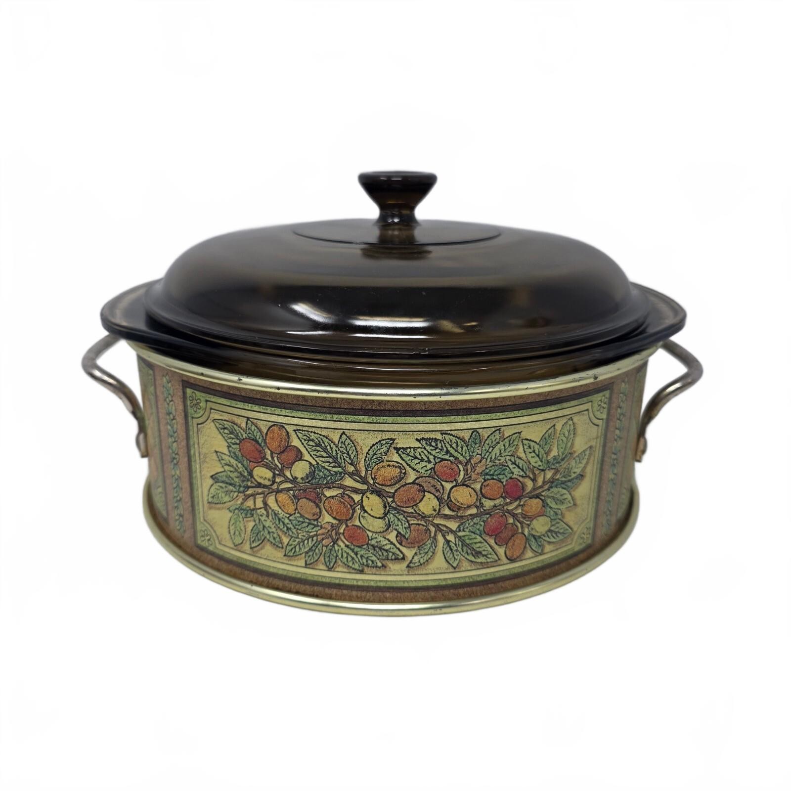 Vintage Pyrex Fireside 2 Qt Amber Casserole with Lid & Fruit Metal Holder Vintage Pyrex Fireside 2 Qt Amber Casserole with Lid & Fruit Metal Holder