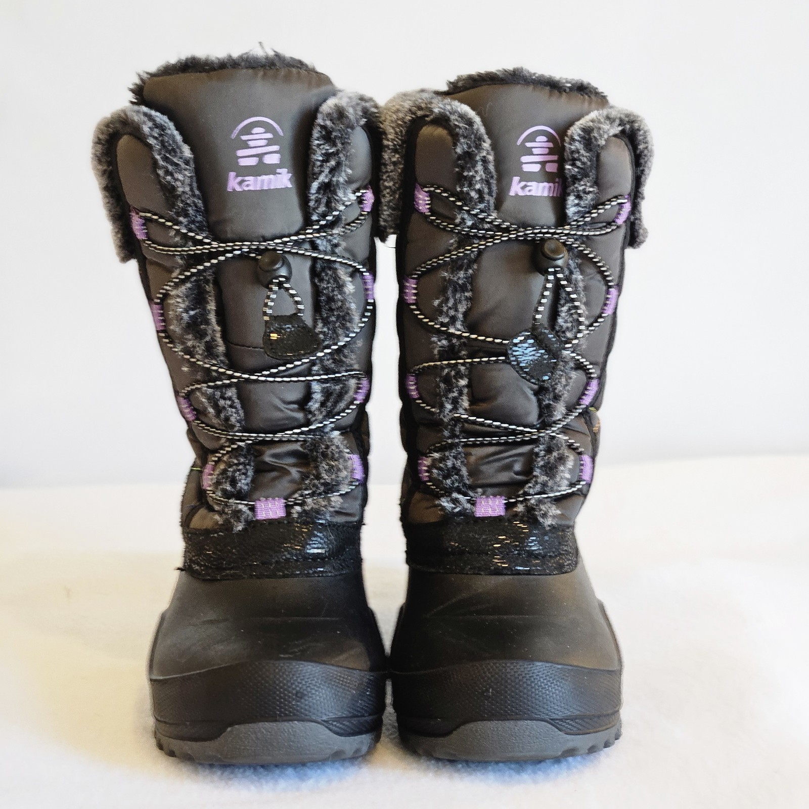 Kamik Star Kids Winter Snow Boots Size 3 Black&Purple Faux Fur Waterproof 