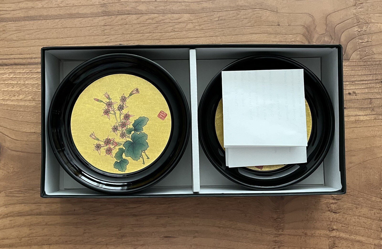 VTG Japanese Hakuichi Originals Black Lacquer Gold Leaf Trays Floral Designs