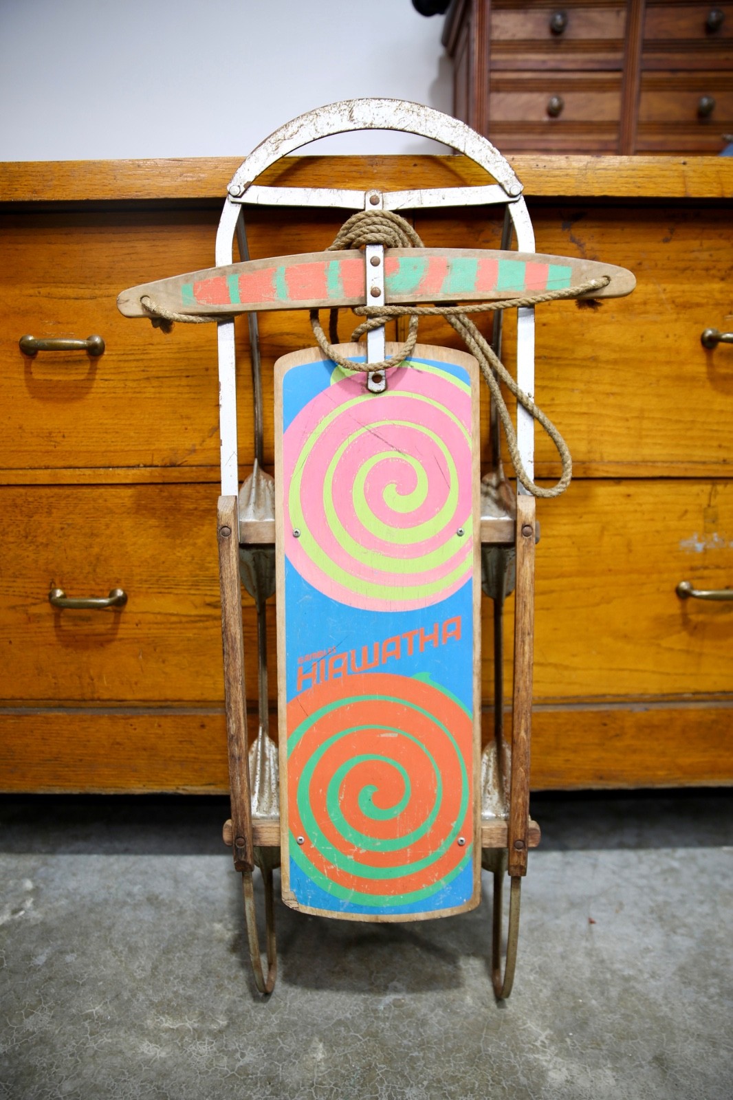 Antique Psychedelic Snow Sled wood Gambles Hiawatha Spiral Hippy 70s Hipster VTG