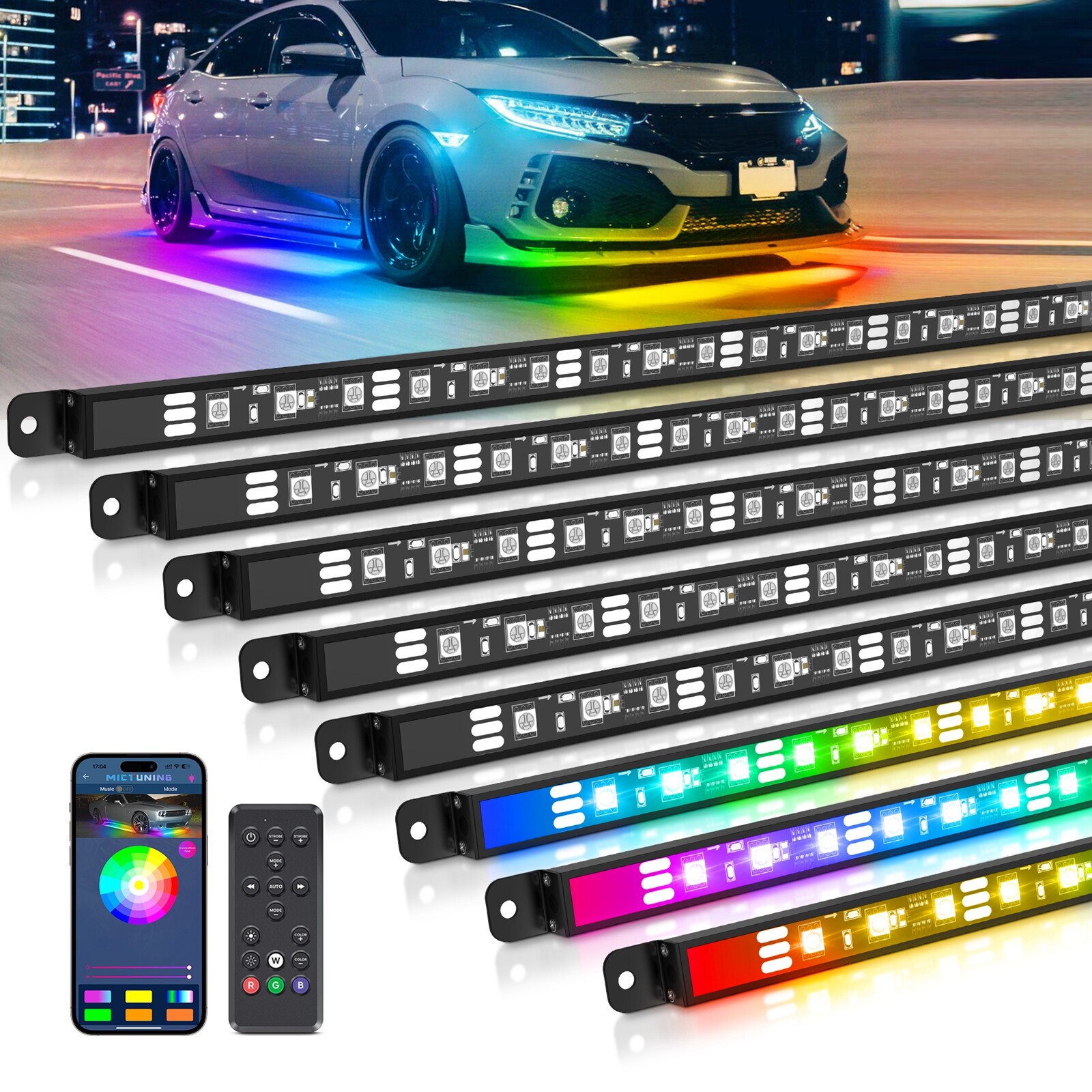 MICTUNING 8PCS RGB Underglow LED Light Bar, Multicolor Underbody Light Strip MICTUNING 8PCS RGB Underglow LED Light Bar, Multicolor Underbody Light Strip