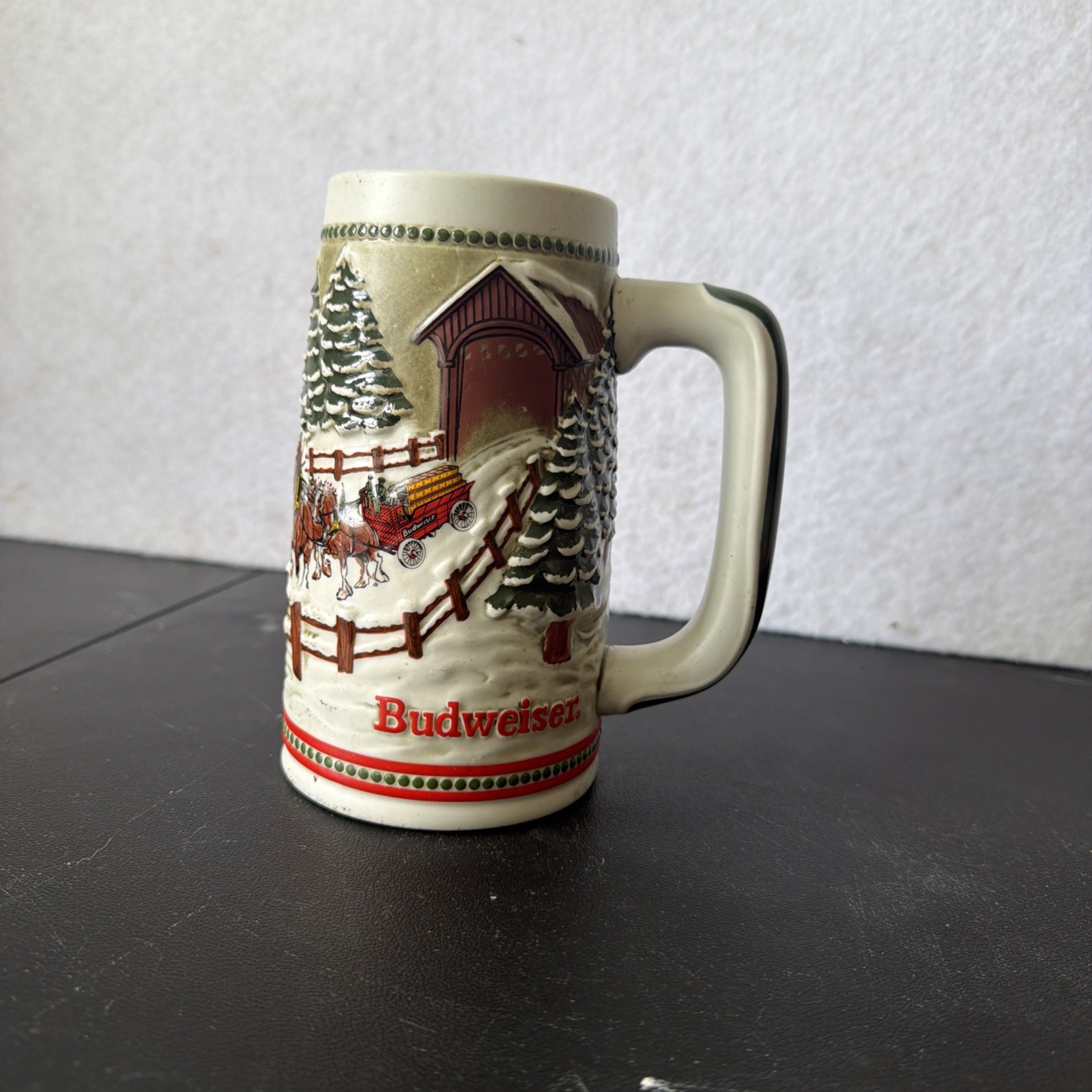 Vintage 1984 Budweiser Beer Stein Mug Clydesdales Christmas Covered Bridge Vintage 1984 Budweiser Beer Stein Mug Clydesdales Christmas Covered Bridge