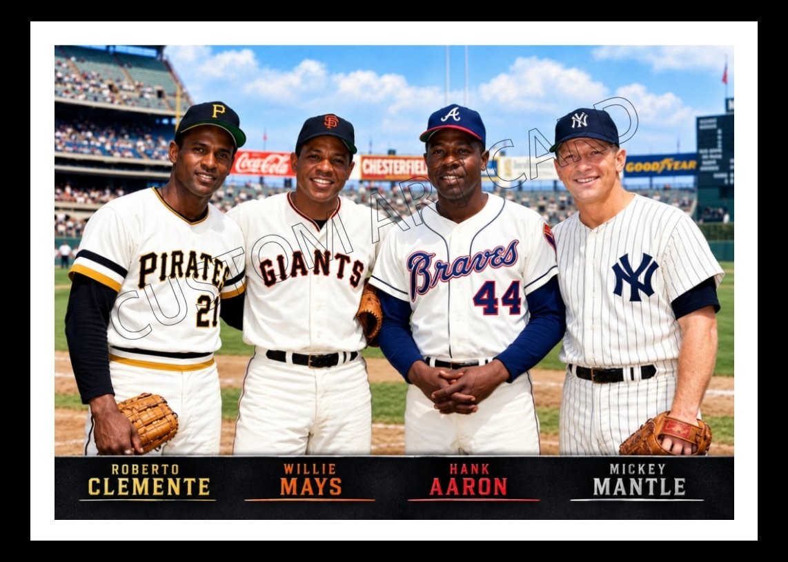 Roberto Clemente Willie Mays Hank Aaron Mickey Mantle Baseball Art Card