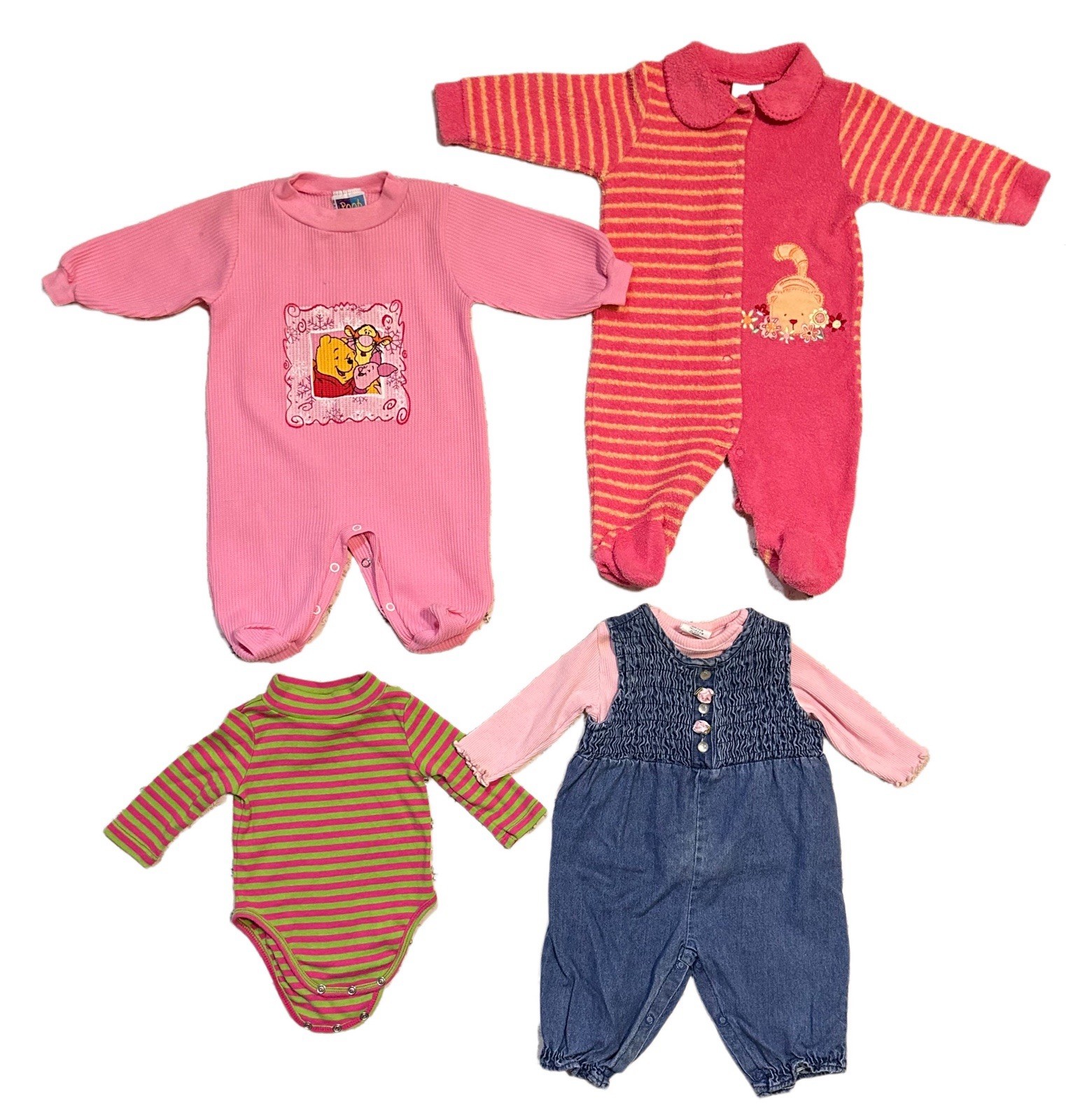 90s Vtg baby girl toys 0-6 months Clothes Lot 5 Pieces Pink Striped Pooh Cat