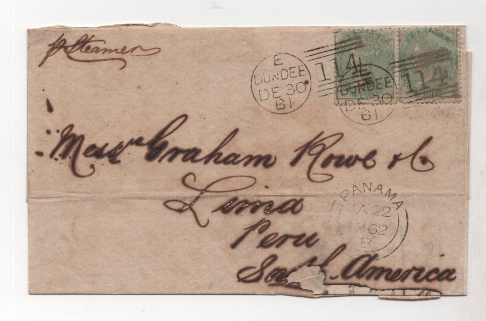 Uk Gb 1861 Peru One Shilling Pair S.G. #72 Scott #28 Tied On Folded Letter