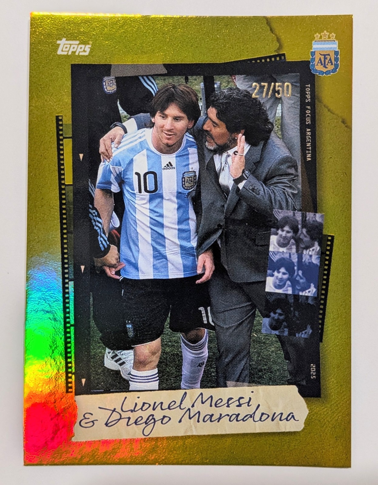 LIONEL MESSI DIEGO MARADONA Gold /50 SSP Rare Grail Topps Argentina Focus 2025