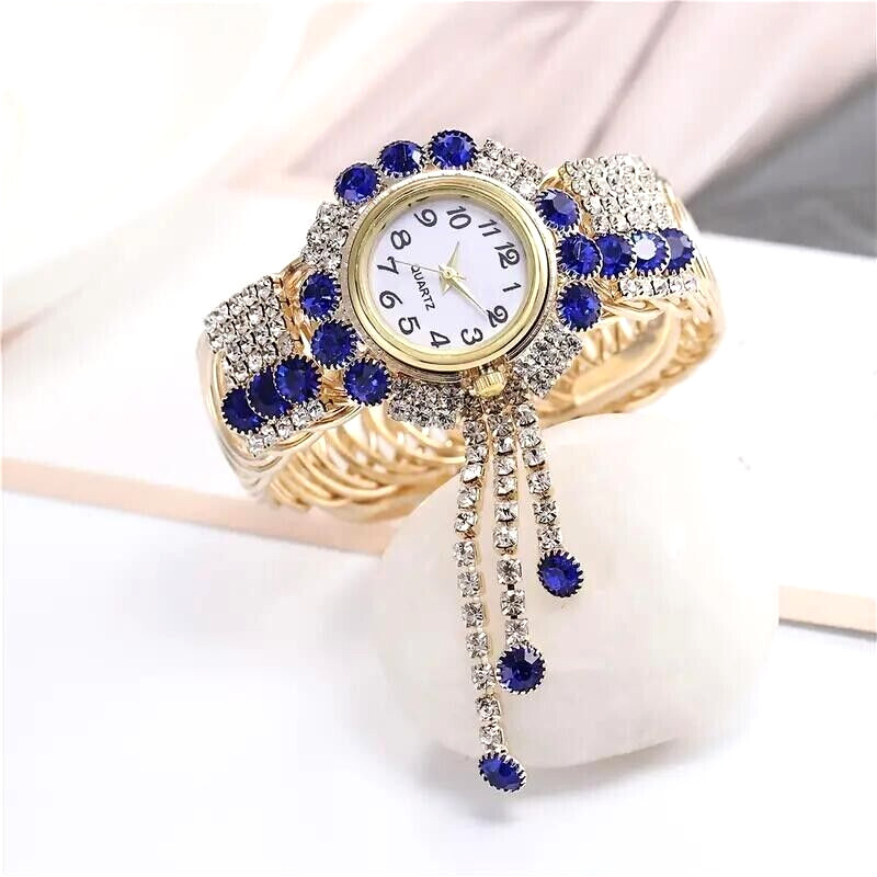 Luxury Blue Rhinestone Women Quartz Wrist Watch Tassel Bangle Bracelet Golden