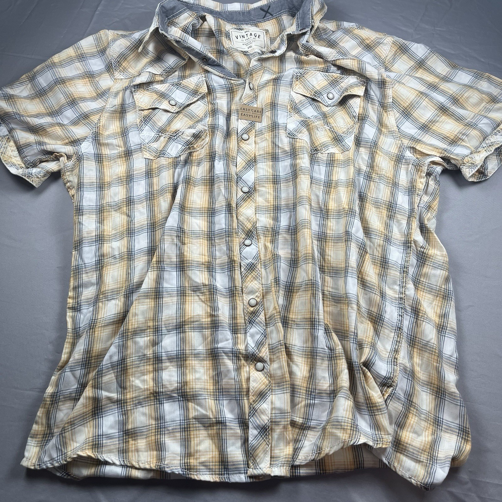 BKE Vintage 1967 Shirt Mens Size 2XL Yellow Plaid Athletic Fit Pearl Snap