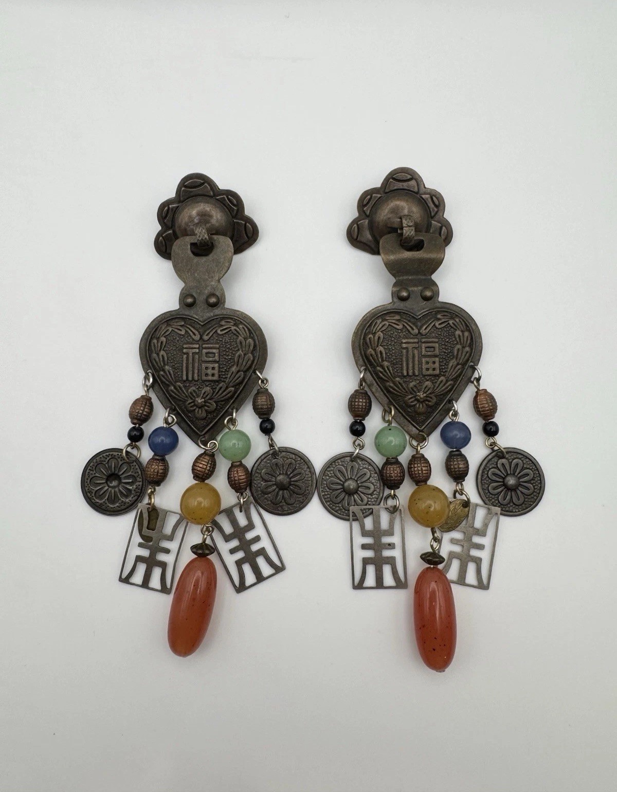 Vintage KC + Paul Chinese Fu Symbol Chandelier Dangle Statement Earrings