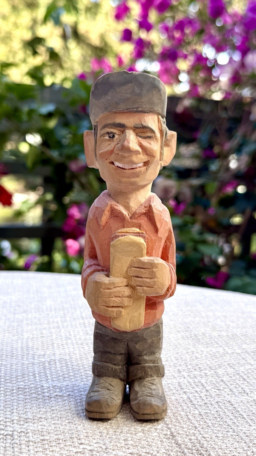 Vintage Hand Carved Wood Folk Art Winking Man Figurine Bread Loaf Rustic 6.5in