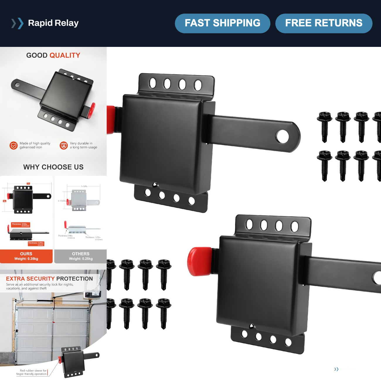 Heavy Duty Garage Door Side Lock Deadlock - 2 Pack, Iron Galvanized, Black Finis