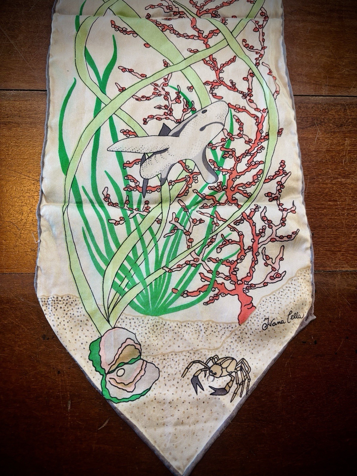 SO RARE Ivana Cella SILK Scarf MADE in ITALY Coral SHARKS Ocean Motif SO RARE Ivana Cella SILK Scarf MADE in ITALY Coral SHARKS Ocean Motif
