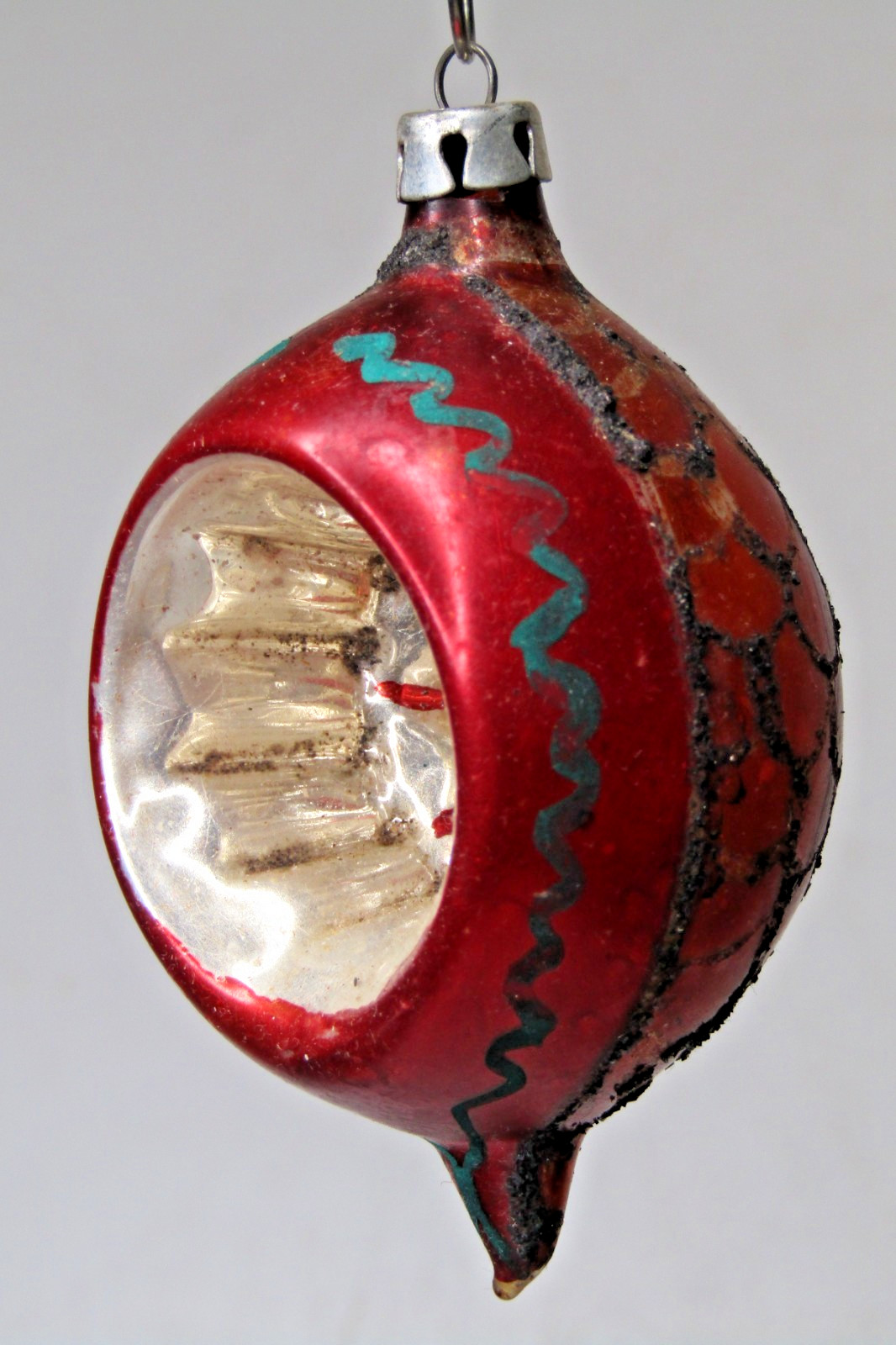 VTG 50\'s Glass Indent Scallop Pictured Glitter DROP Christmas Ornament Poland RD