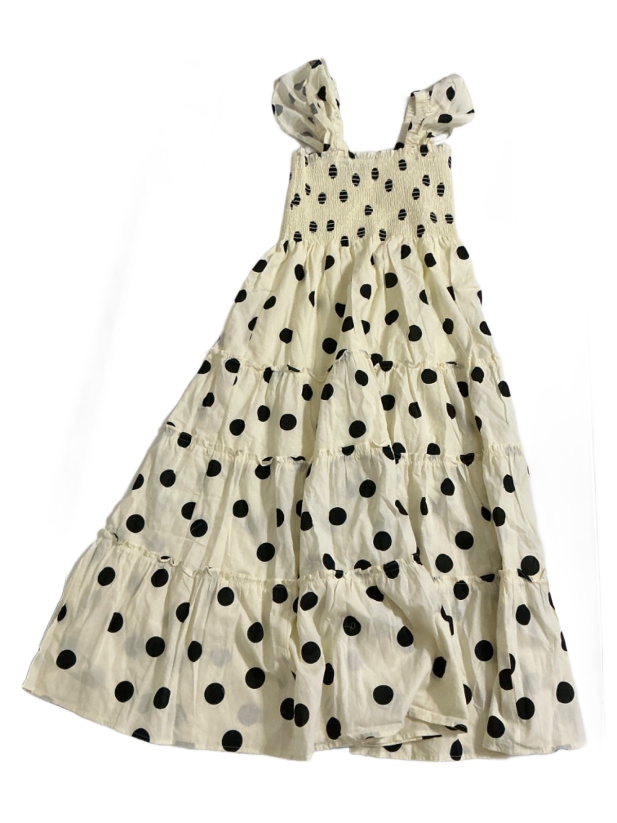 Few Moda New York Calypso Dress L Off-White Black Polka Dot Smocked Tiered Maxi