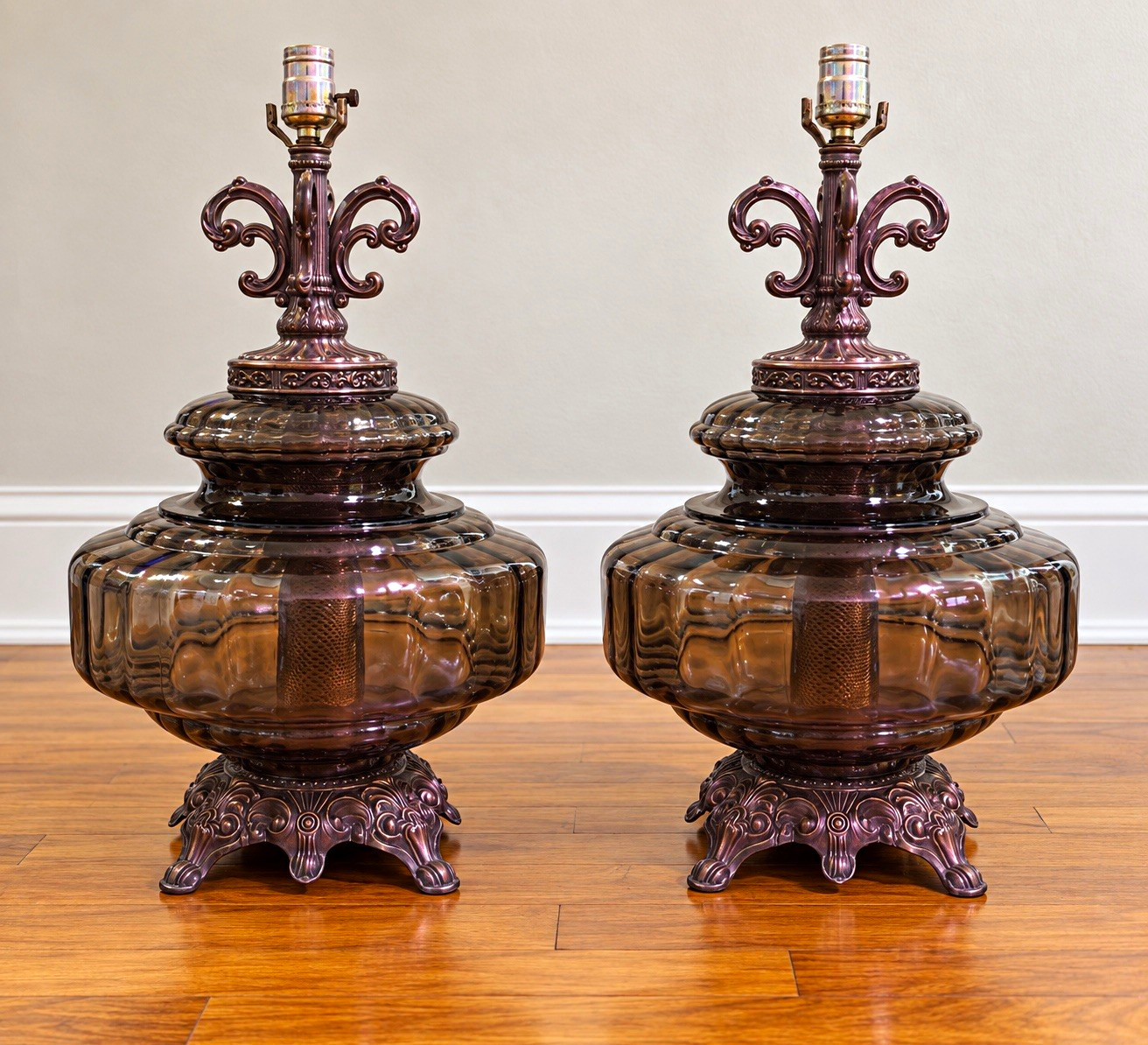 Vintage Pair Hollywood Regency Smoked Glass Table Lamps Ornate Metal Bases 