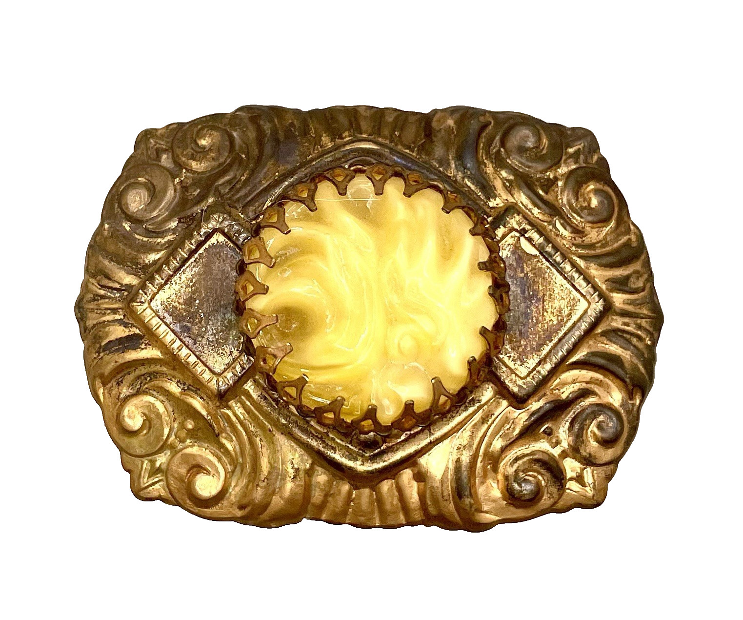 FABULOUS EXTRA LARGE STAMPED BRASS HATPIN WITH YELLOW CARVED STONE HP-402