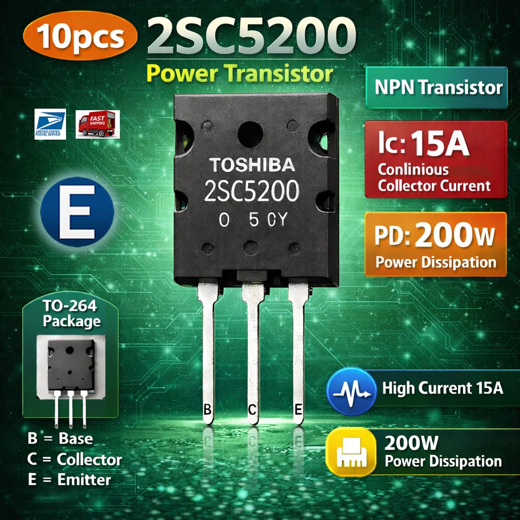 10pcs 2SC5200 Power TOSHIBA Transistor Silicon NPN Triple Diffused Type to-264 10pcs 2SC5200 Power TOSHIBA Transistor Silicon NPN Triple Diffused Type to-264