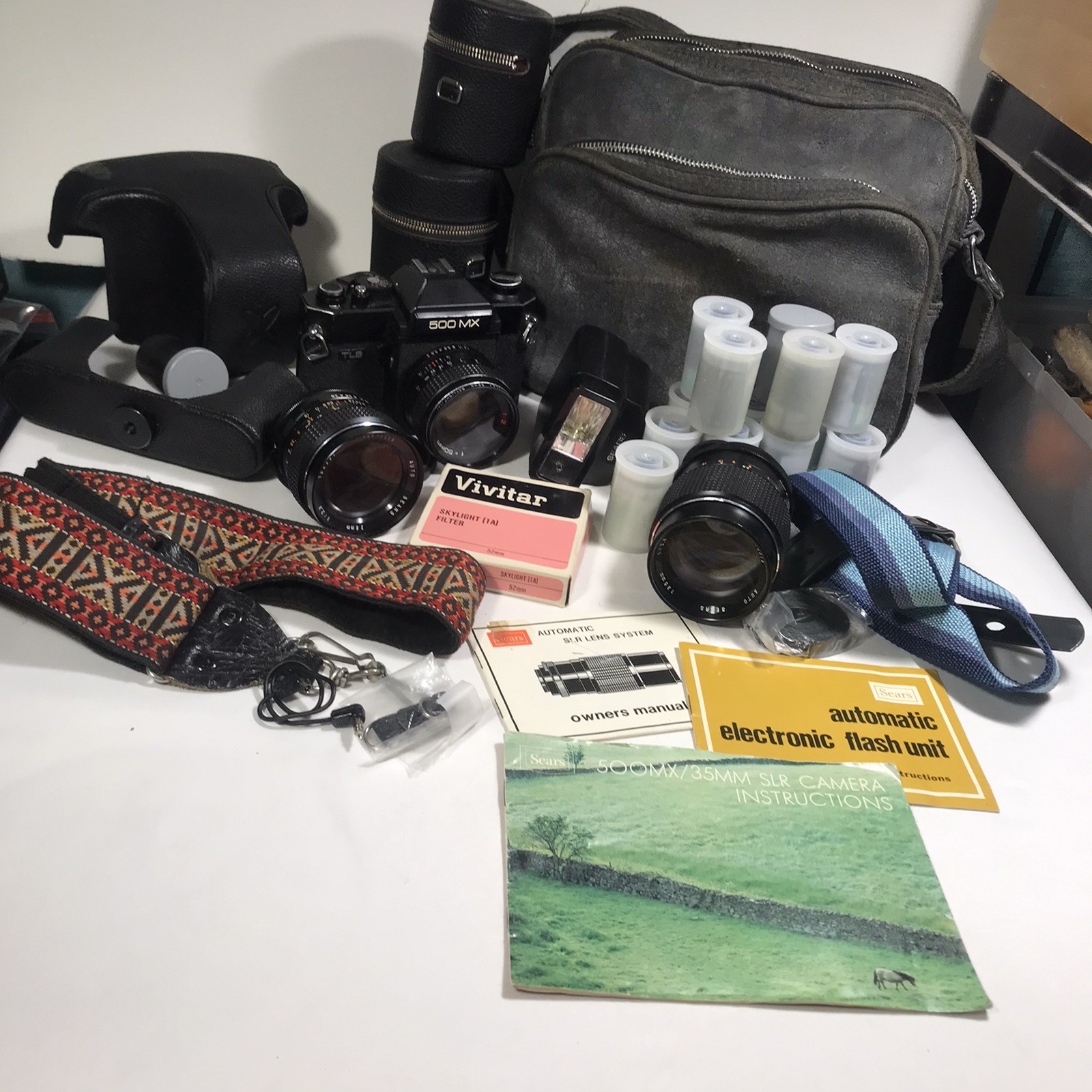 Vintage 1976 Near Mint Sears TLS 500 MX 35mm Film Camera And Extra Lenses Strap