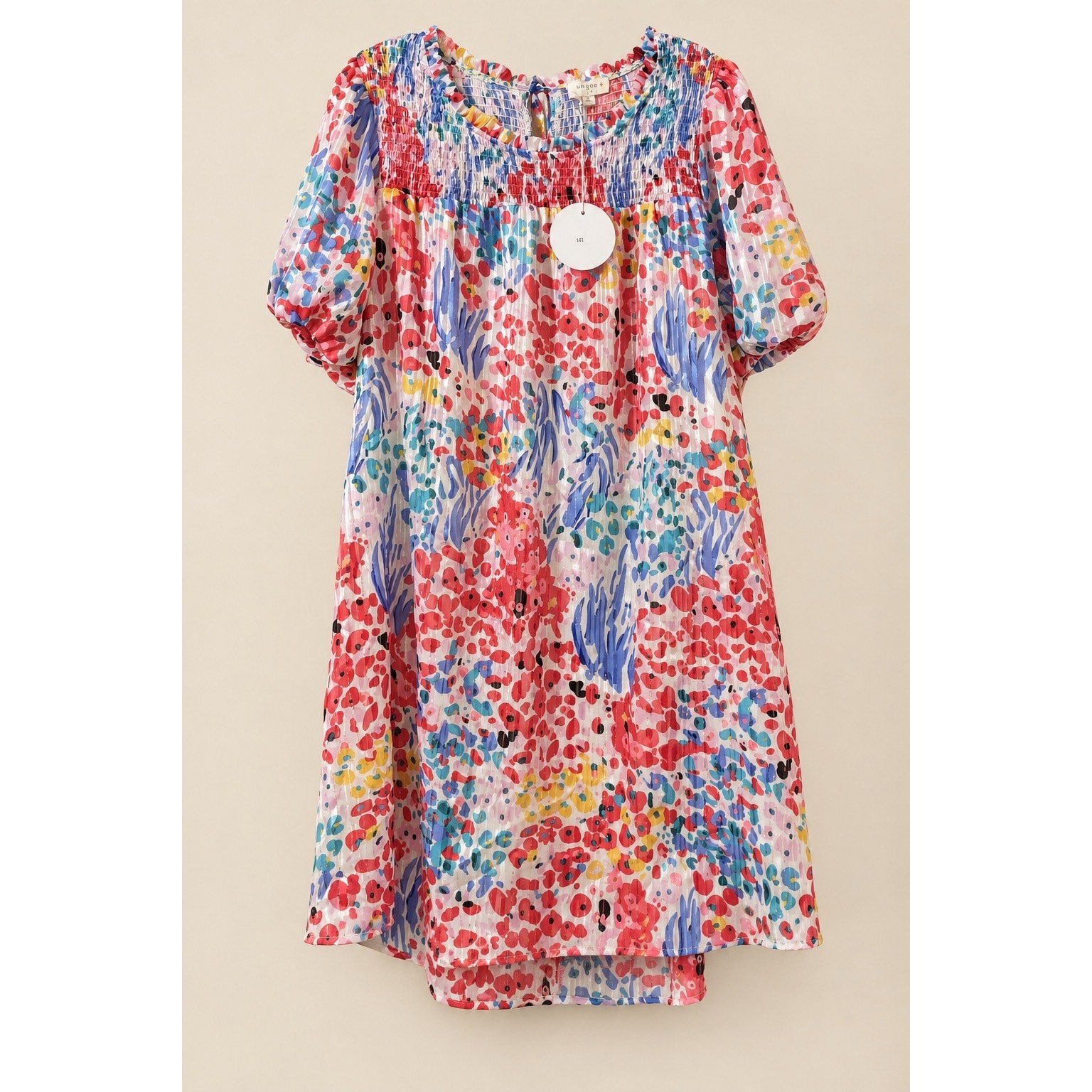 Umgee Plus 1XL Abstract Floral Metallic Smocked Puff Sleeve Midi Dress NWOT