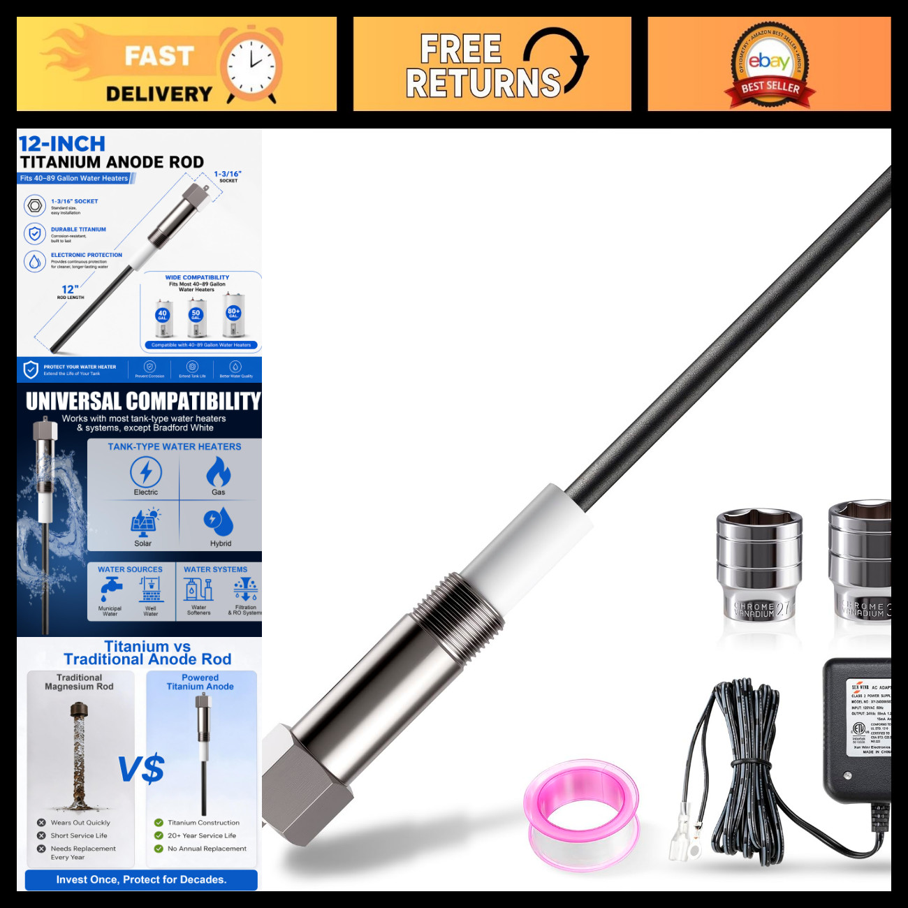 Titanium Powered Anode Rod for 40-89 Gallon Water Heater - Corrosion Protection Titanium Powered Anode Rod for 40-89 Gallon Water Heater - Corrosion Protection