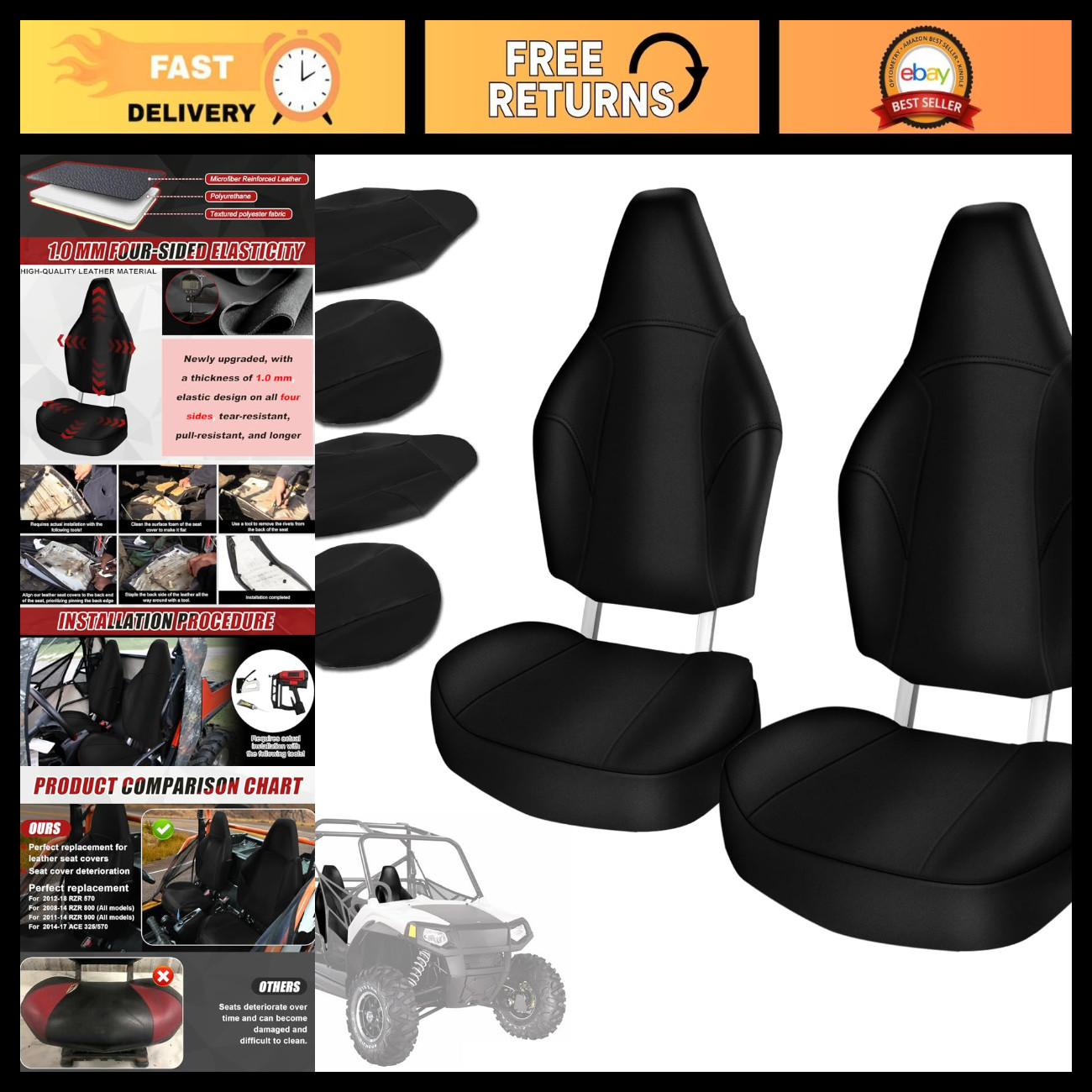 2-Pack Leather Seat Covers for Polaris RZR 570 800 900 - Durable Replacement Upg