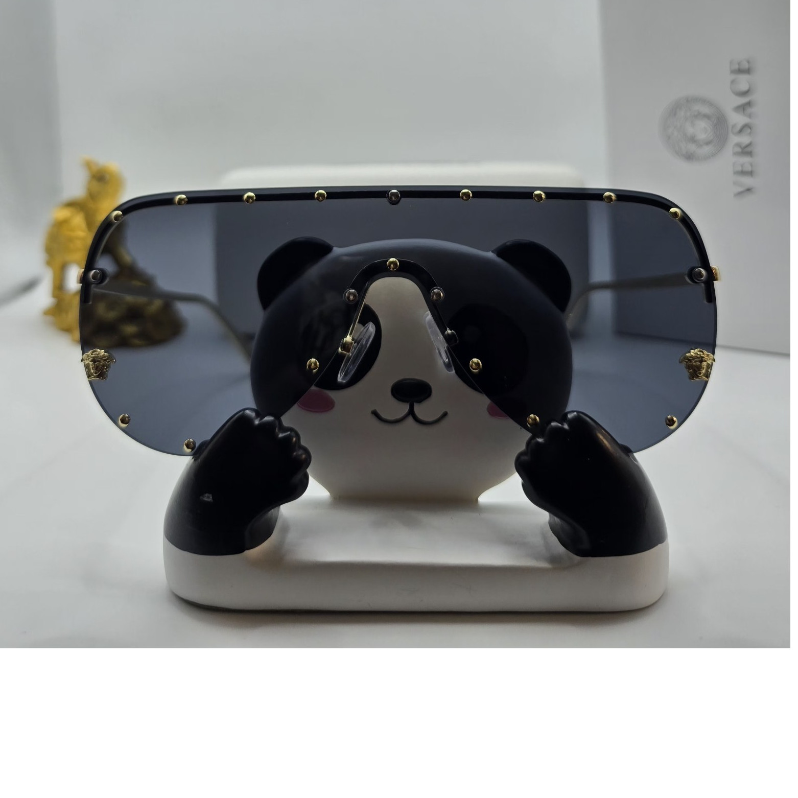 Versace Women’s Shield Sunglasses Gold Metal Frame Gray Tinted Plastic Lens