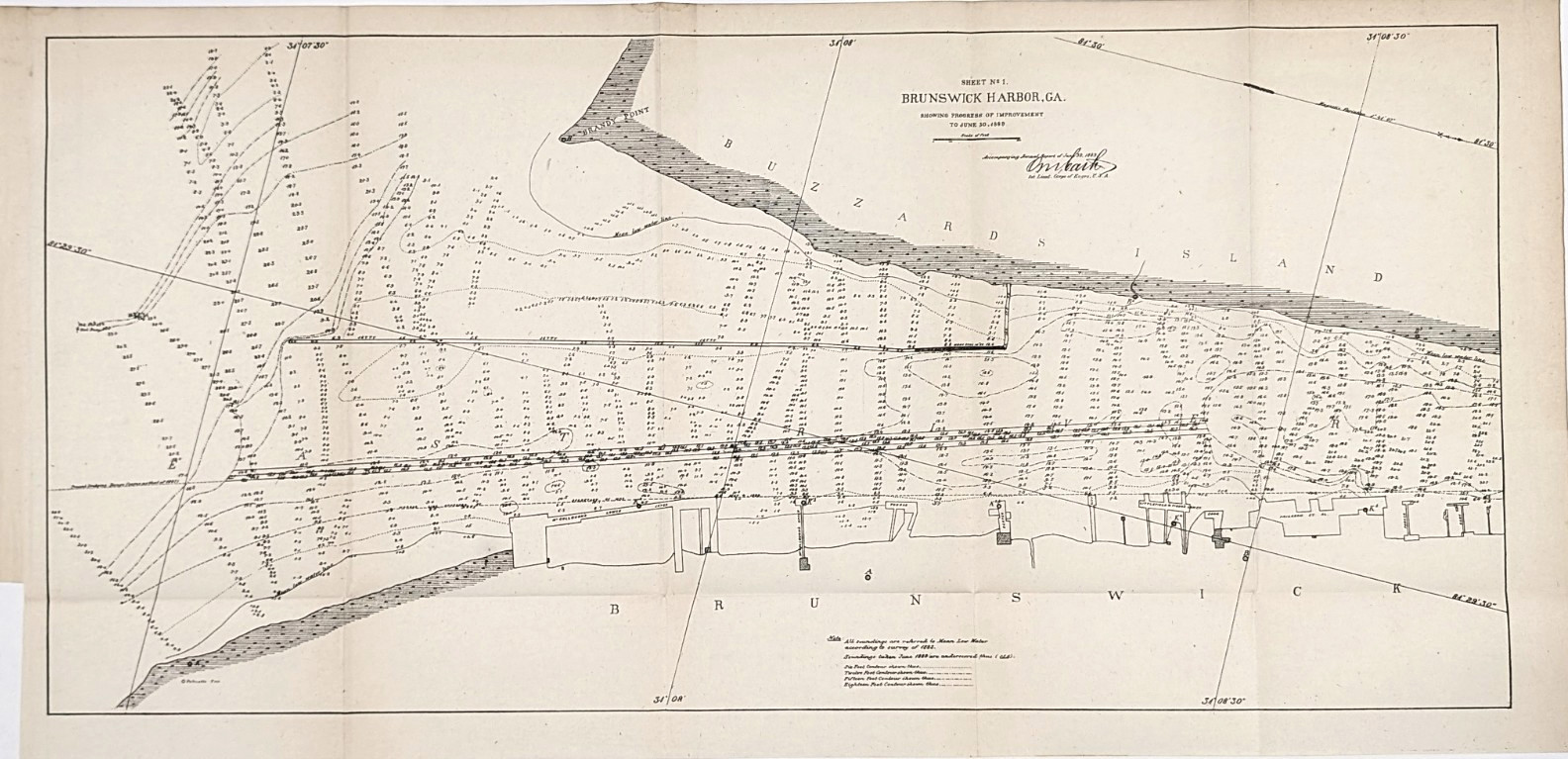 1889 BRUNSWICK HARBOR - GEORGIA Map Buzzard Island - Wharves - NAUTICAL